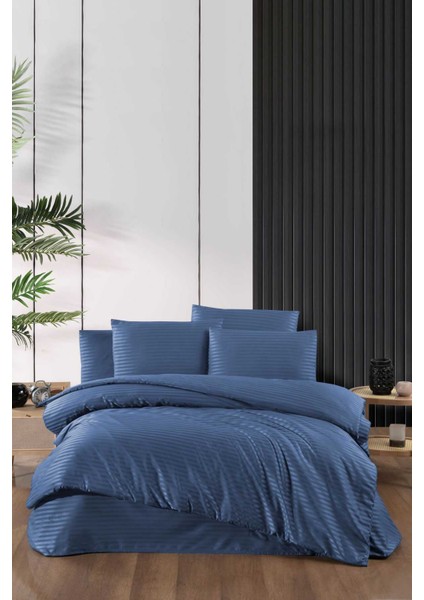 Stripe Saten Line Çift Kişilik Nevresim Takımı Indigo