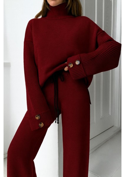 Yeni Ürün Dik Yaka Düğme Detaylı Oversize Kazak-Pantolon Triko Alt Üst Takım 0034