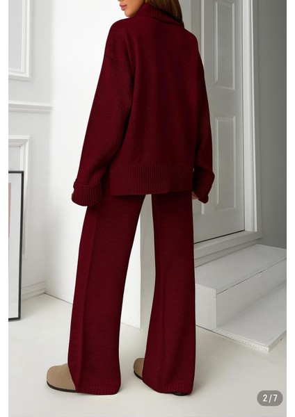 Yeni Ürün Dik Yaka Düğme Detaylı Oversize Kazak-Pantolon Triko Alt Üst Takım 0034 modelleri