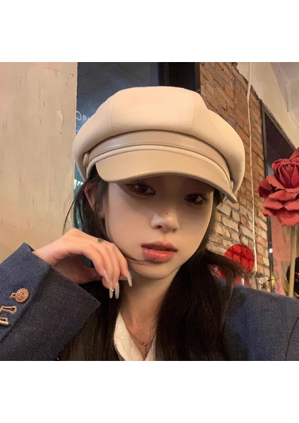 Sonbahar-Kış Kaban Dokulu Yüzü Küçük Gösteren Çok Yakışan Sekizgen Şapka (Yurt Dışından)