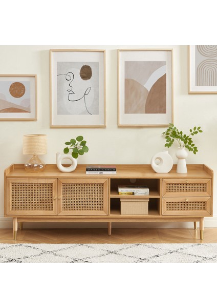 Scandi Tarzı Tv Ünitesi – Bombong 180 Cm, Ahşap & Rattan Detaylı