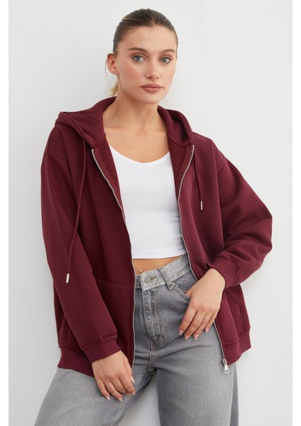 Basic Fermuarlı Kapüşonlu Oversize Sweatshirt