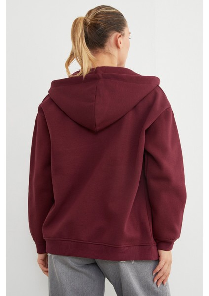 Basic Fermuarlı Kapüşonlu Oversize Sweatshirt