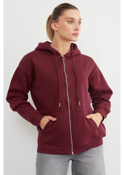 Basic Fermuarlı Kapüşonlu Oversize Sweatshirt