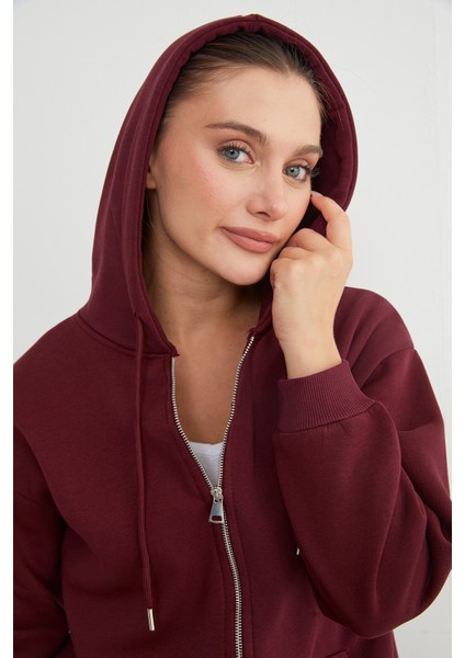 Basic Fermuarlı Kapüşonlu Oversize Sweatshirt