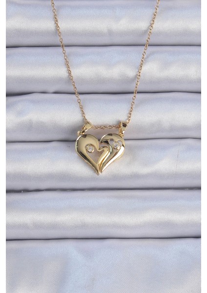 316L Çelik Zincir Altın Renk Zirkon Taşlı Mıknatıslı Kalp Kolye