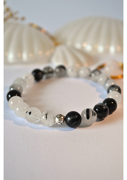 Rutil Kuvars Bileklik Doğaltaş 8mm Unisex Siyah Beyaz modelleri