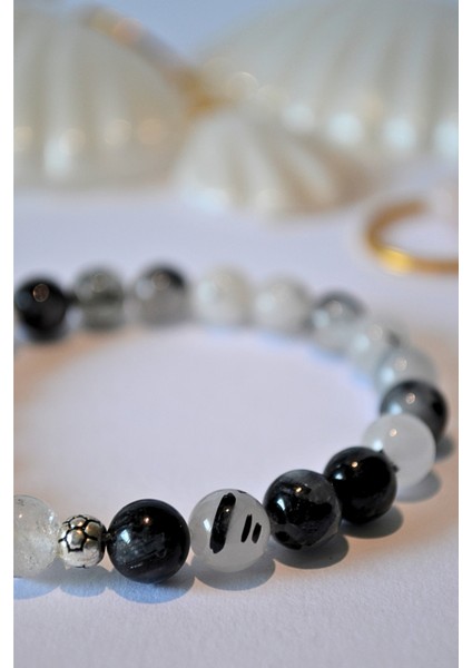 Rutil Kuvars Bileklik Doğaltaş 8mm Unisex Siyah Beyaz fırsatları