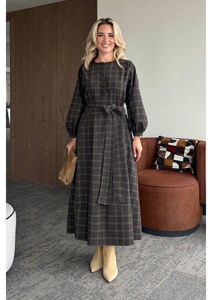 Haki Ekoseli Kuşaklı Uzun Elbise - 1235 fiyatları