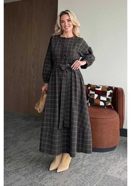 Haki Ekoseli Kuşaklı Uzun Elbise - 1235 modelleri