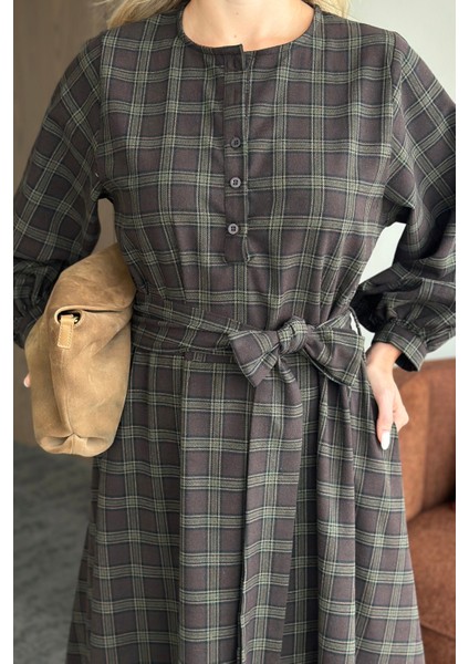 Haki Ekoseli Kuşaklı Uzun Elbise - 1235 indirimleri