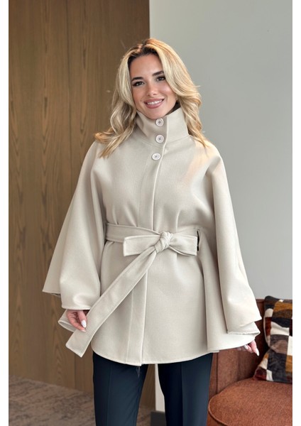 Krem Düğmeli Kuşaklı Kaşe Panço - 2055