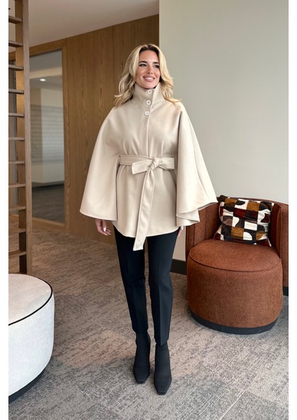 Krem Düğmeli Kuşaklı Kaşe Panço - 2055 fırsatları