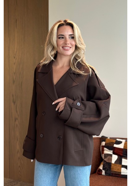 Kahverengi Kruvaze Kısa Trençkot - 7537