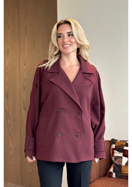 Bordo Kruvaze Kısa Trençkot - 7537