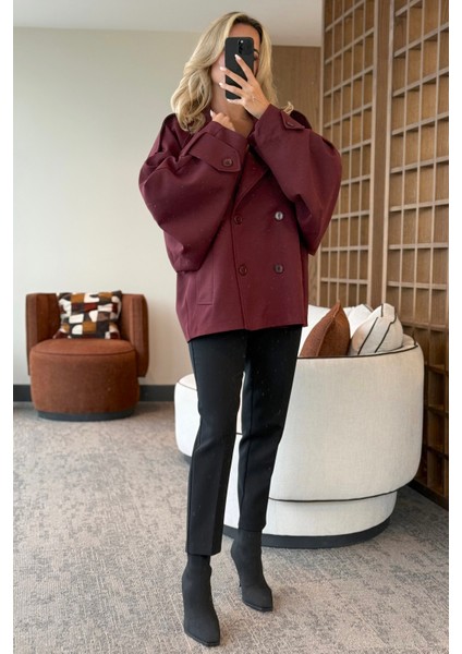 Bordo Kruvaze Kısa Trençkot - 7537 fırsatları