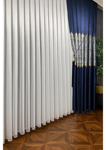 Pano Fon Perde Lacivert Damask Desenli Fon Perde 1 / 3 Sık Pile Pano, Fon, Tül, Perde,