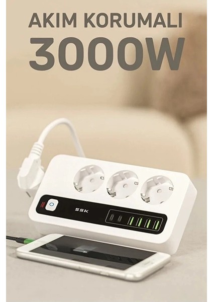 P10 3x Priz 3000W Akım Korumalı 4x USB 2x Type-C Girişli Çoklu Priz modelleri