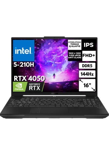 Tuf Gaming F16 Core 5 210H 16 GB 4 Tbssd 6 GB RTX4050 16" Wuxga Windows 11 Pro Gaming Laptop FX607RL143AT60