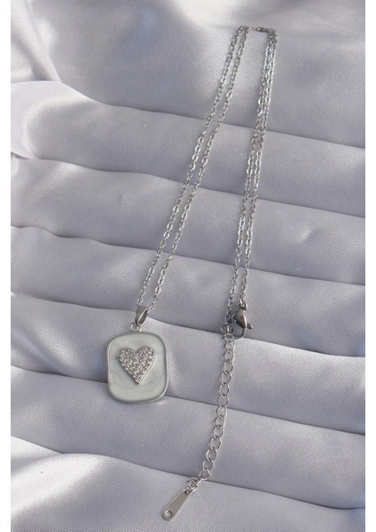 316L Çelik Zincir Mermer Desenli Gümüş Renk Zirkon Taşlı Kalp Model Kolye fiyatları