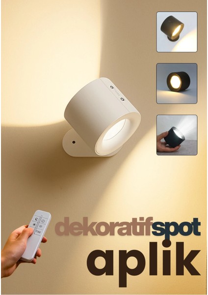 Mıknatıslı Uzaktan Kumandalı Çift Taraflı Duvar Aplik LED Aydınlatma 3 Renk USB Şarjlı