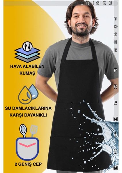 Mutfak Önlüğü Suya Dayanıklı Mutfak Önlük Şef Önlüğü 2 Geniş Cepli Barista Önlüğü Önlük Siyah