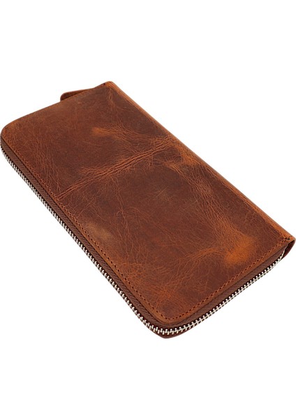 Hakiki Eskitme Deri Telefon, Kağıt Para, Bozuk Para ve Kart Bölmeli Unisex Cüzdan - G2 Taba