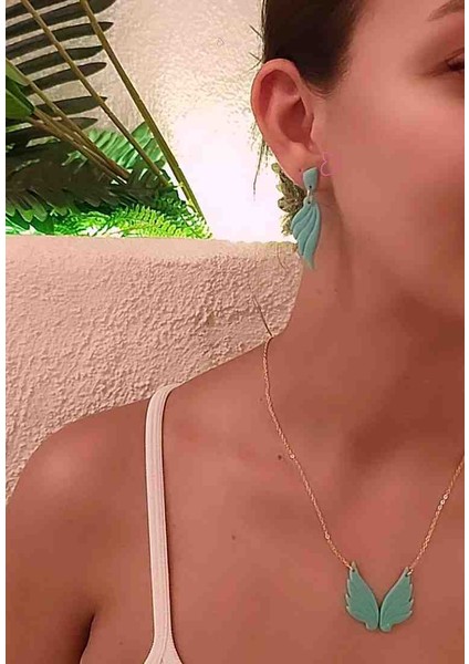 Serenity Turkuaz El Yapımı Melek Kanadı Özel Tasarım Küpe fiyatları