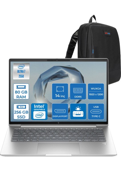 Elitebook 6 G1I Intel® Core Ultra 7 255U 80GB Ddr5 256GB SSD 14" Wuxga (1920 x 1200), IPS 400 Nits Freedos Taşınabilir Bilgisayar C9XW2ETF21+ZETTAÇANTA