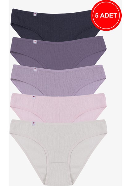 Kadın Külot 5 Li Pamuklu Etiket Detaylı Fitilli Ribana