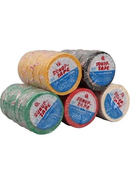 Sunup SN-27919 0.13X18MM 5 Renk Izole Elektrikçi Bant 10 Metre 50X5'LI Paket (Kırmızı- Sarı - Siyah - Yeşil - Beyaz) fırsatları