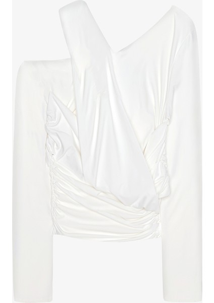 Drapeli Asimetrik Düğümlü Bluz Ekru