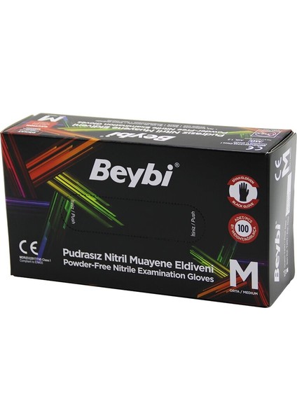 Beybi M Siyah Pudrasız Nitril Muayene Eldiveni 100LÜ (5224)