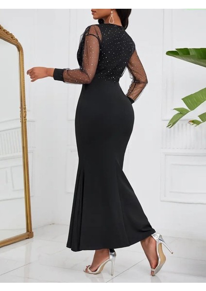 Kadın Uzun Kollu Kruvaze Yakalı Taş ve Tül Detaylı Uzun Ithal Krep Elbise modelleri