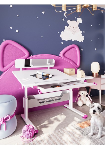 Vega Standart Ergonomik Öğrenci Masası Çok Fonksiyonlu Çalışma Masası - 130x70 Cm, Beyaz/Fuşya