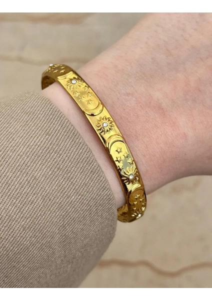 Güneş Hilal Sembol Çelik Bileklik Gold