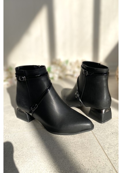 Siyah Cilt 4 cm Kalın Galvaniz Topuklu Bantlı Şık Günlük Kadın Bot TMD2024801 indirimleri