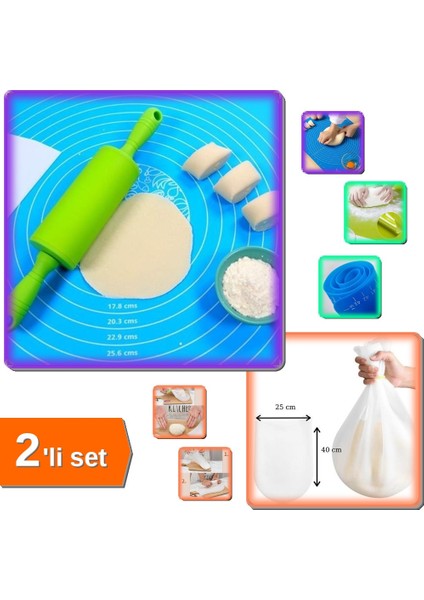 Silikon Hamur Açma Matı + Büyük Hamur Yoğurma Torbası 2'li Set YD34A1