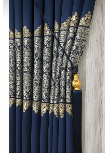 Pano Fon Perde Lacivert Damask Desenli Fon Perde 1 / 3 Sık Pile Pano, Fon, Tül, Perde,