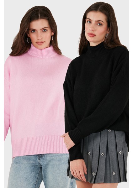 Oversize Fit Balıkçı Yaka Yumuşak Dokulu 2'li Paket Triko Kazak Bayan Kazak 680KZ00469S2