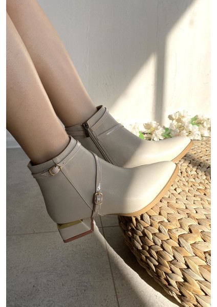 Krem Cilt 4 cm Kalın Galvaniz Topuklu Bantlı Şık Günlük Kadın Bot TMD2024801 modelleri