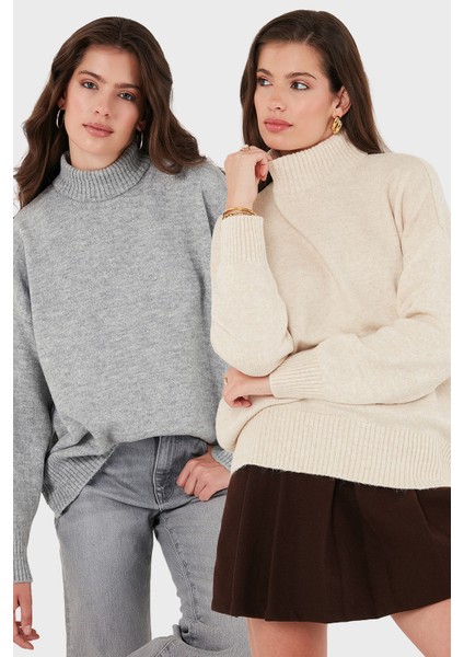 Oversize Fit Balıkçı Yaka Yumuşak Dokulu 2'li Paket Triko Kazak Bayan Kazak 680KZ00469S2