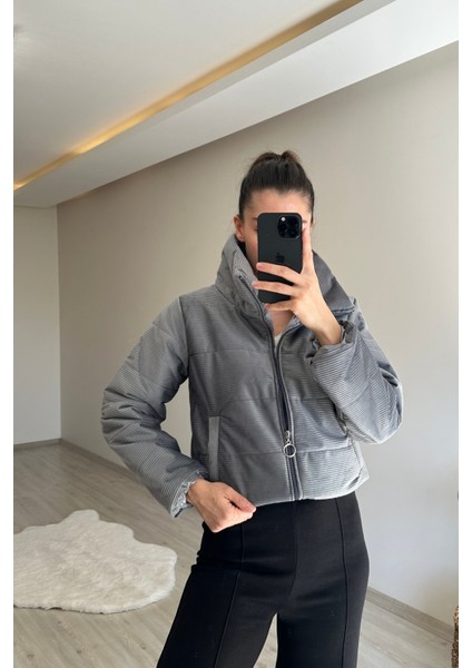 Kadın Fitilli Desen Kadife Kısa Şişme Mont NM005