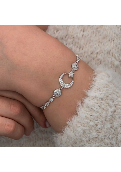 Gümüş Zirkon Taşlı Ay Yıldız Kadın Bileklik modelleri
