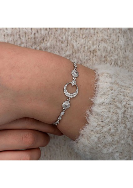 Gümüş Zirkon Taşlı Ay Yıldız Kadın Bileklik fırsatları