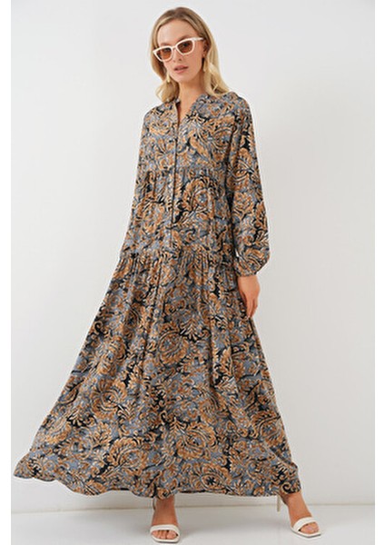 Otantik Desenli Uzun Kollu Gömlek Elbise Kadınlar İçin Trend A.gri