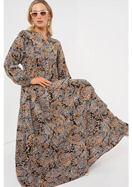 Otantik Desenli Uzun Kollu Gömlek Elbise Kadınlar İçin Trend A.gri fiyatları