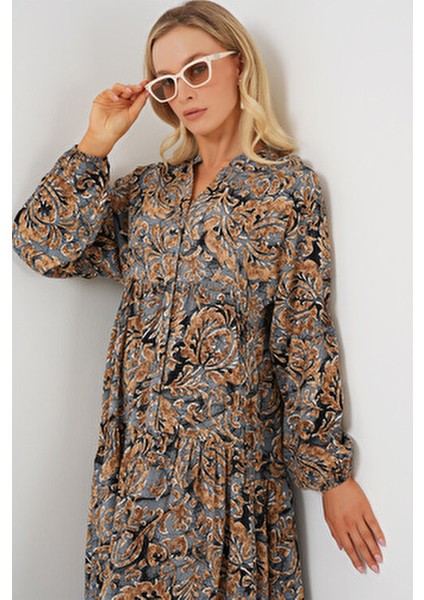 Otantik Desenli Uzun Kollu Gömlek Elbise Kadınlar İçin Trend A.gri fırsatları