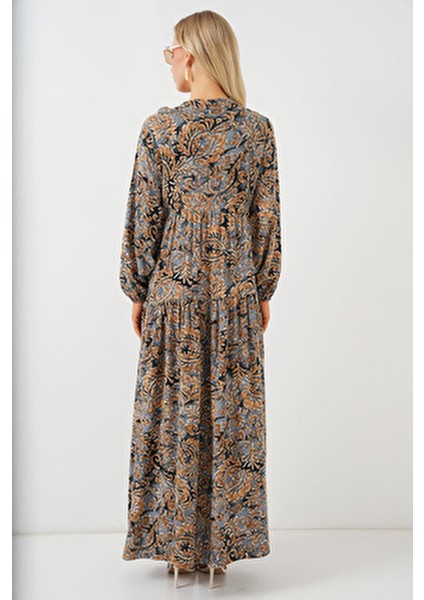 Otantik Desenli Uzun Kollu Gömlek Elbise Kadınlar İçin Trend A.gri