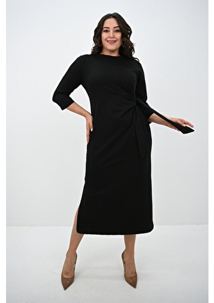Kadın Büyük Beden Bel Bağlama Detaylı Siyah Elbise Şık ve Rahat Stil